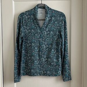 Talbots Floral Paisley Stretch Cotton Blend Top Teal Blues Shawl Collar Shirt
